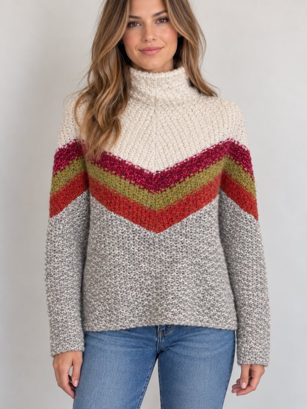 Free People Southwestern Chevron Chunky Turtleneck Sweater XS Wool Blend